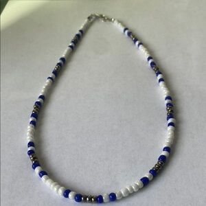 Handmade Beaded Necklace with Blue and White Accents